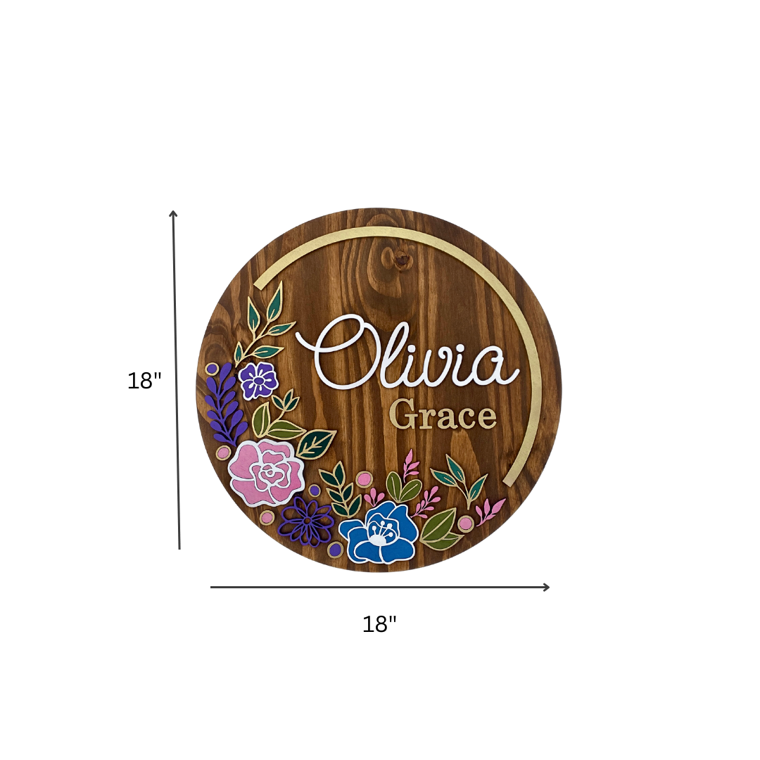 18” Personalized Floral Wooden Name Sign for Nursery or Kids Room
