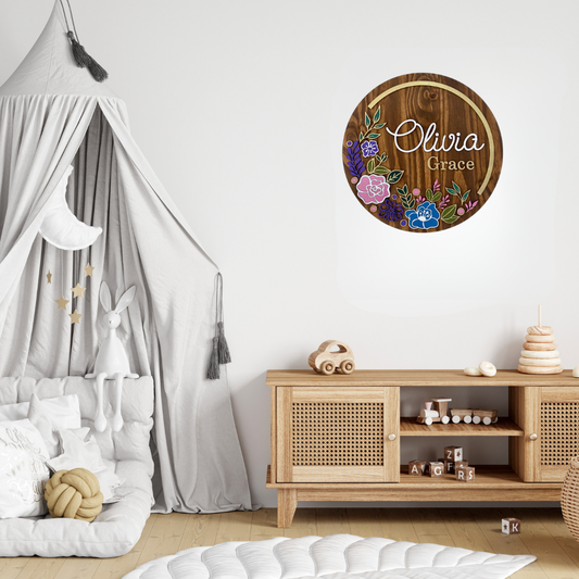 18” Personalized Floral Wooden Name Sign for Nursery or Kids Room