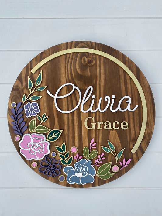18” Personalized Floral Wooden Name Sign for Nursery or Kids Room