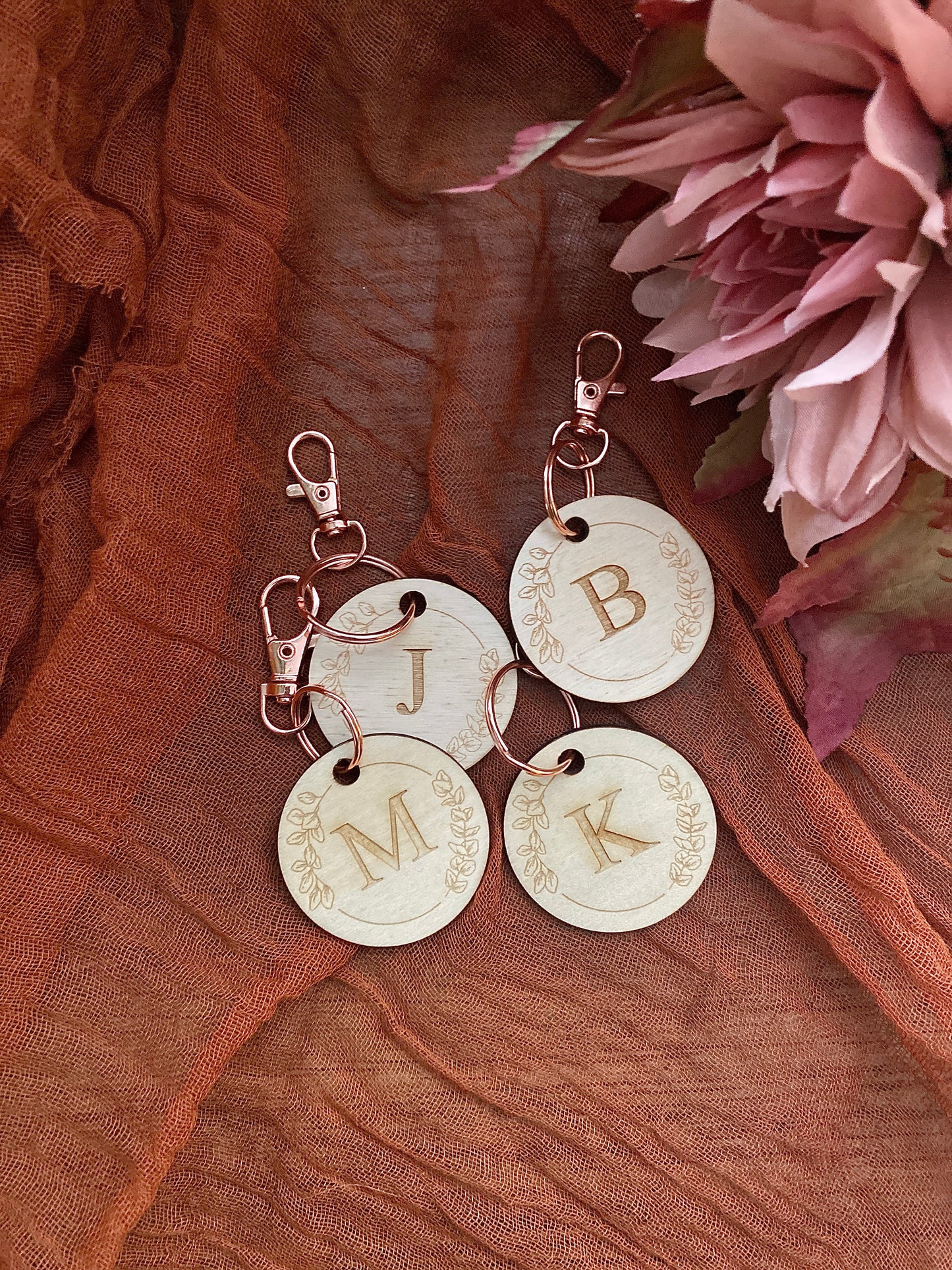 Personalized First Initial Keychain or Bag Tag Wooden Rose Gold Clasp