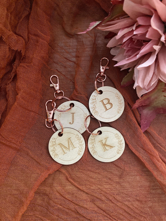 Personalized First Initial Keychain or Bag Tag Wooden Rose Gold Clasp