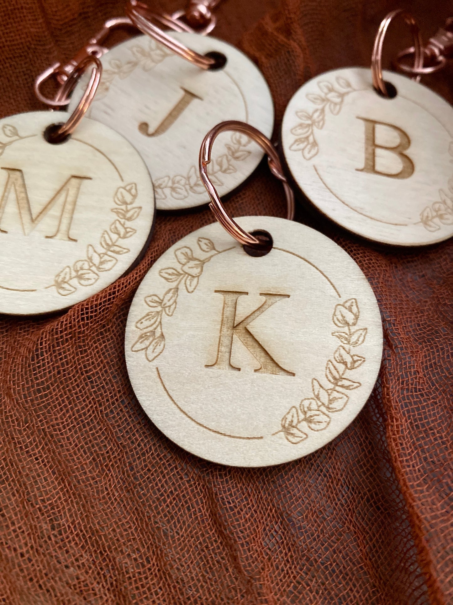 Personalized First Initial Keychain or Bag Tag Wooden Rose Gold Clasp