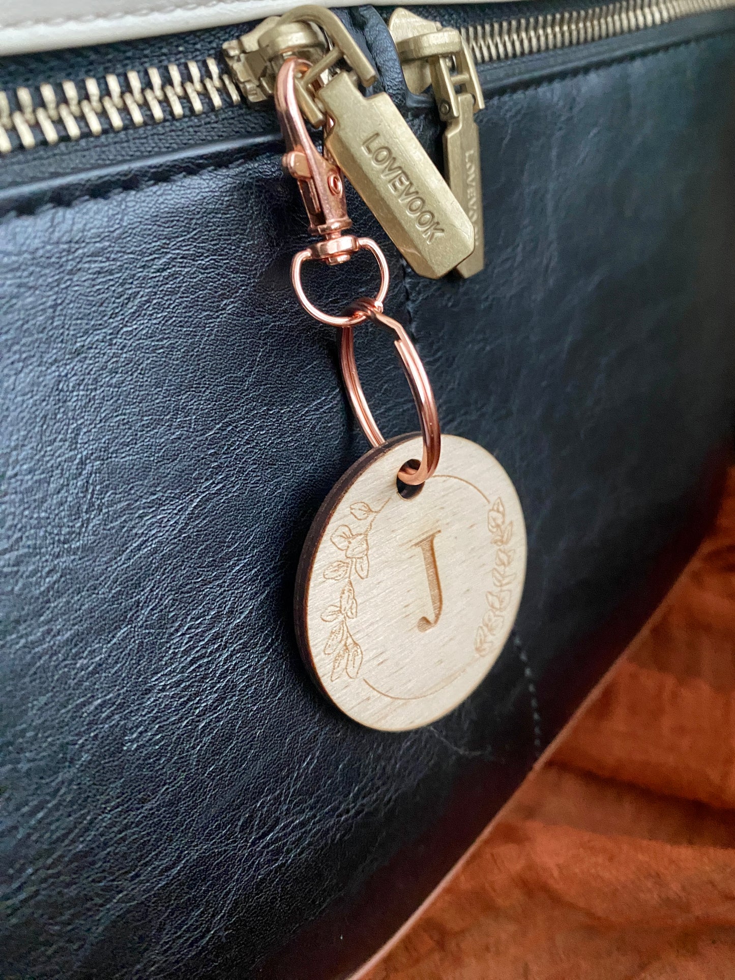 Personalized First Initial Keychain or Bag Tag Wooden Rose Gold Clasp